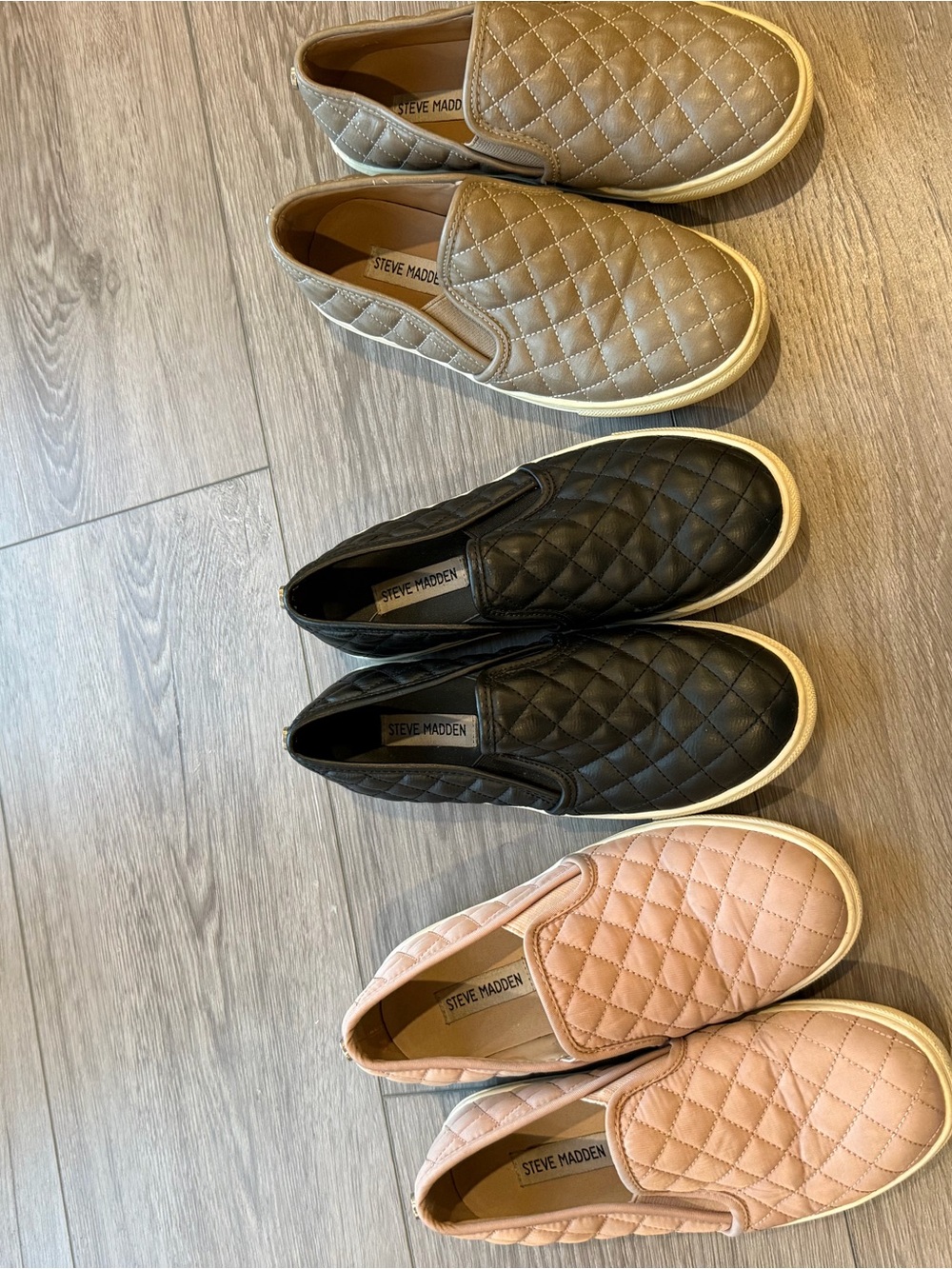 Steve Madden Quilted Slip-On Sneakers in Black, Taupe & Blush